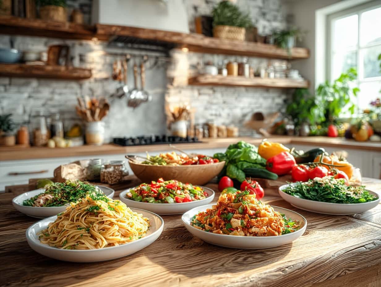 Bariatric Recipes: Tasty Meals for a New You 2 Wide shot of a bright kitchen with wooden shelves and countertops, featuring multiple plates of colorful pasta dishes surrounded by fresh vegetables such as tomatoes, lettuce, and peppers, in natural daylight.
