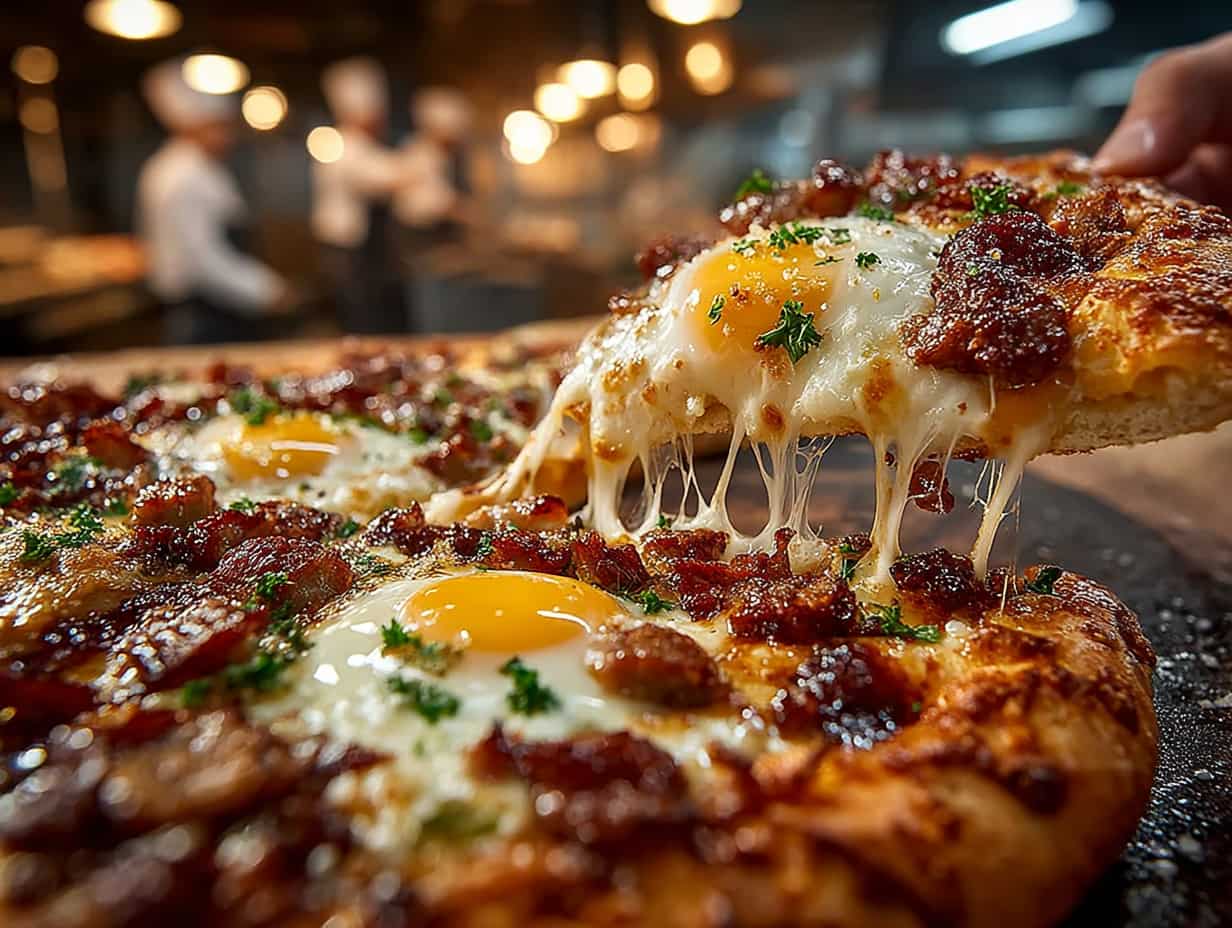 Breakfast Pizza for Schools Your Students Will Love 1 Close-up of a breakfast pizza topped with sunny-side-up eggs, sausage, bacon, and melted cheese, with a hand holding a slice and melted cheese stretching, in a professional kitchen with chefs blurred in the background.