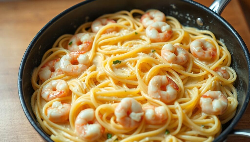 creamy garlic shrimp pasta in a skillet creamy garlic shrimp pasta in a skillet