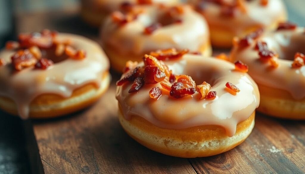 homemade maple and bacon donuts with crispy toppings homemade maple and bacon donuts with crispy toppings