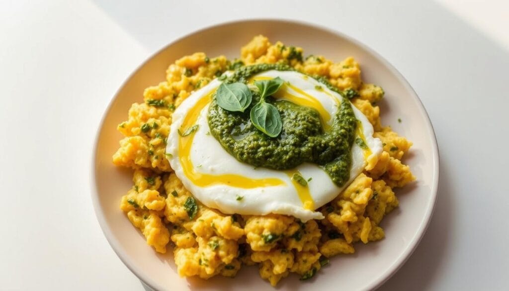 homemade pesto eggs on a plate homemade pesto eggs on a plate