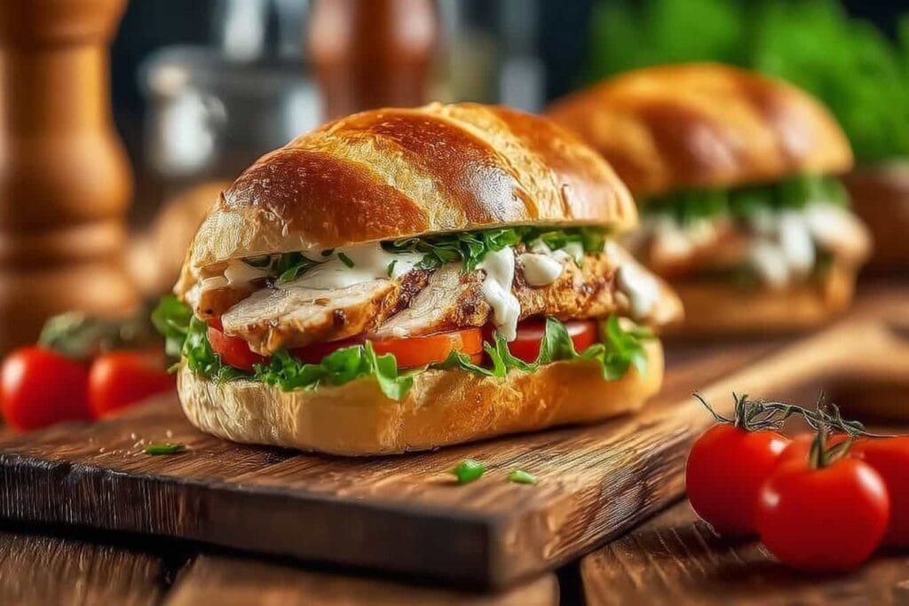 rotisserie chicken sandwich recipes Brioche chicken sandwich with lettuce, tomato slices, chicken breast, and mayonnaise on a wooden board with cherry tomatoes in the background.