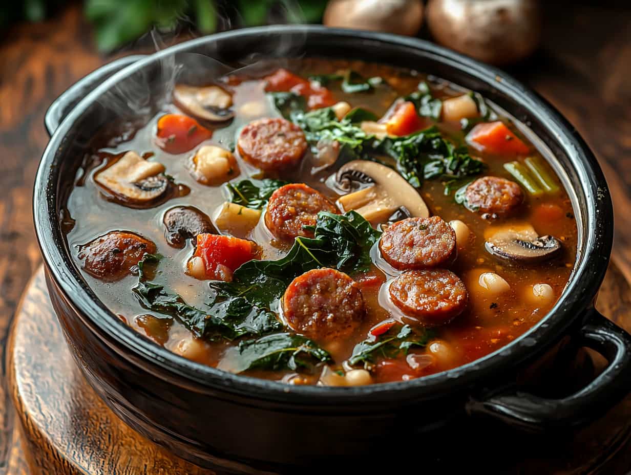 Swamp Soup: A Flavorful Southern Specialty You'll Love 2 Swamp soup with sausage slices, mushrooms, beans, tomatoes, and leafy greens served in a rustic black bowl.