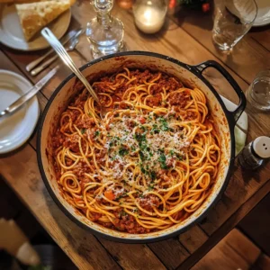 One Pot Spaghetti Bolognese | My Go-To Comfort Food When Life’s Busy 5 One pot spaghetti bolognese served in a rustic pot with basil garnish
