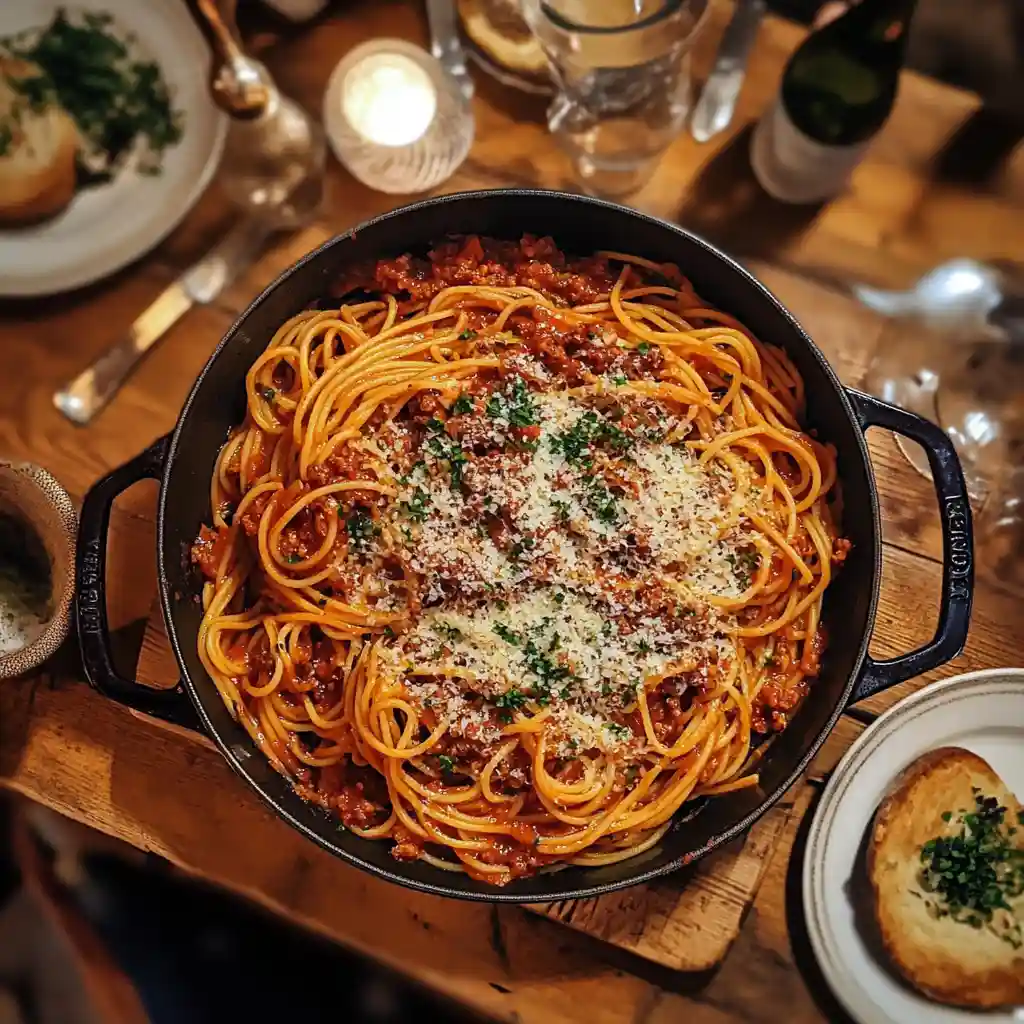 One pot spaghetti bolognese served in a rustic pot with basil garnish