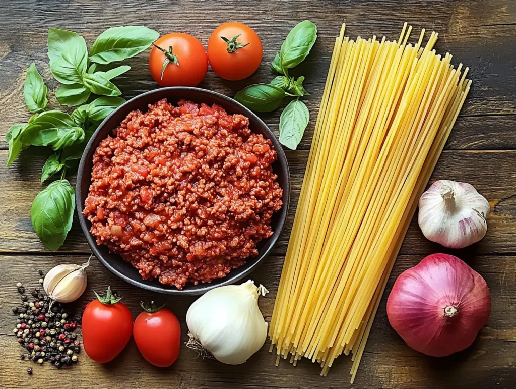 One Pot Spaghetti Bolognese | My Go-To Comfort Food When Life’s Busy 2 Top view of one pot spaghetti bolognese, garnished with basil and served in a cozy kitchen setting.