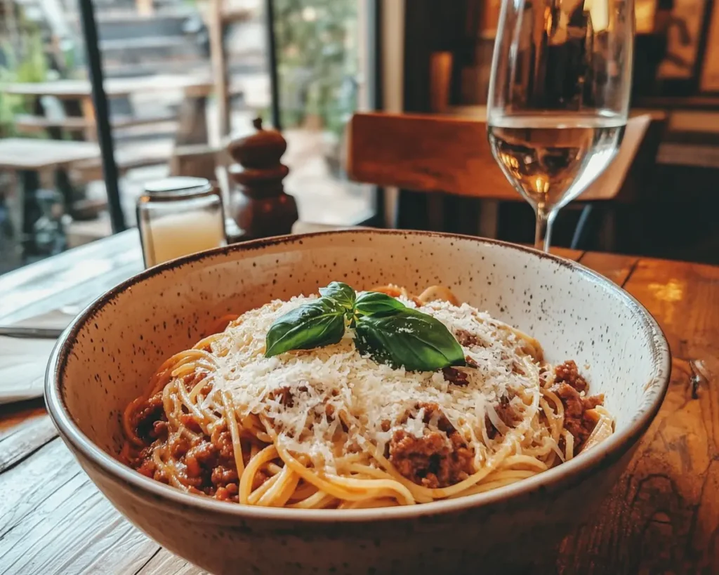 One Pot Spaghetti Bolognese | My Go-To Comfort Food When Life’s Busy 4 Served bowl of one pot spaghetti bolognese with basil and garlic bread