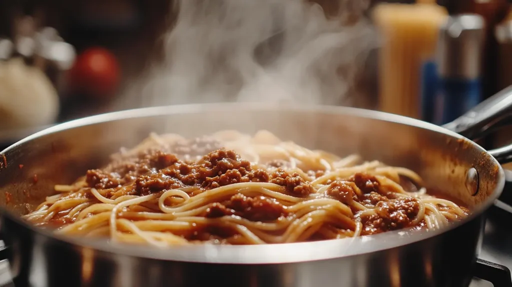 One Pot Spaghetti Bolognese | My Go-To Comfort Food When Life’s Busy 3 Spaghetti cooking in one pot with bolognese sauce