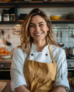Julia smiling in her home kitchen wearing a mustard apron – Easy Recipes Box