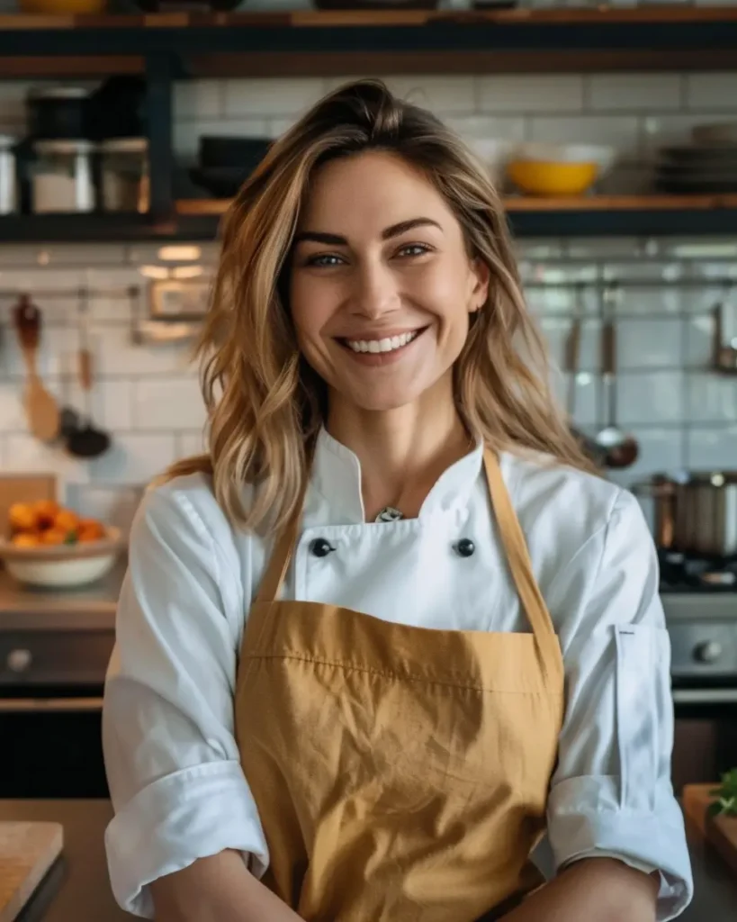 About Me 1 Julia smiling in her home kitchen wearing a mustard apron – Easy Recipes Box