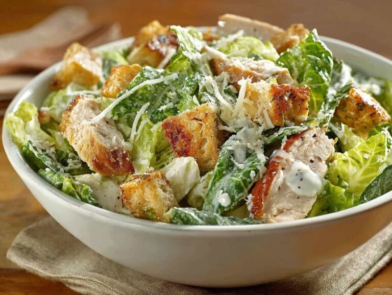 Home 1 chicken caesar salad in rustic wooden bowl