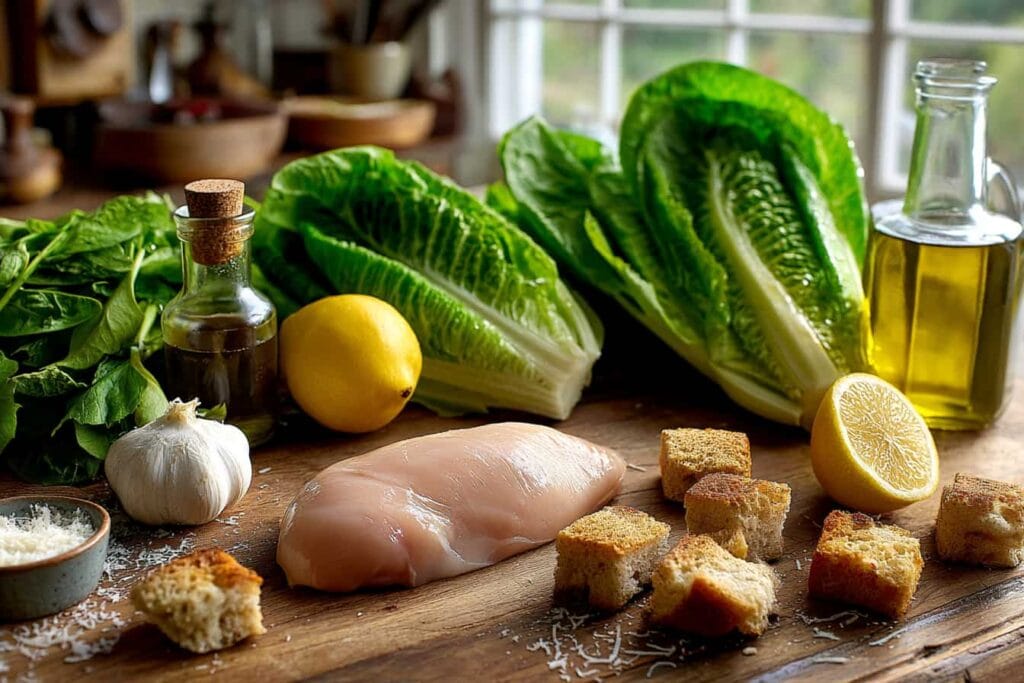 The Best Chicken Caesar Salad You’ll Ever Make 2 ingredients for chicken caesar salad on wooden surface