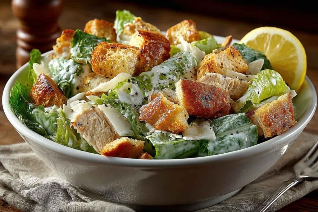 The Best Chicken Caesar Salad You’ll Ever Make 5 served chicken caesar salad in white ceramic bowl