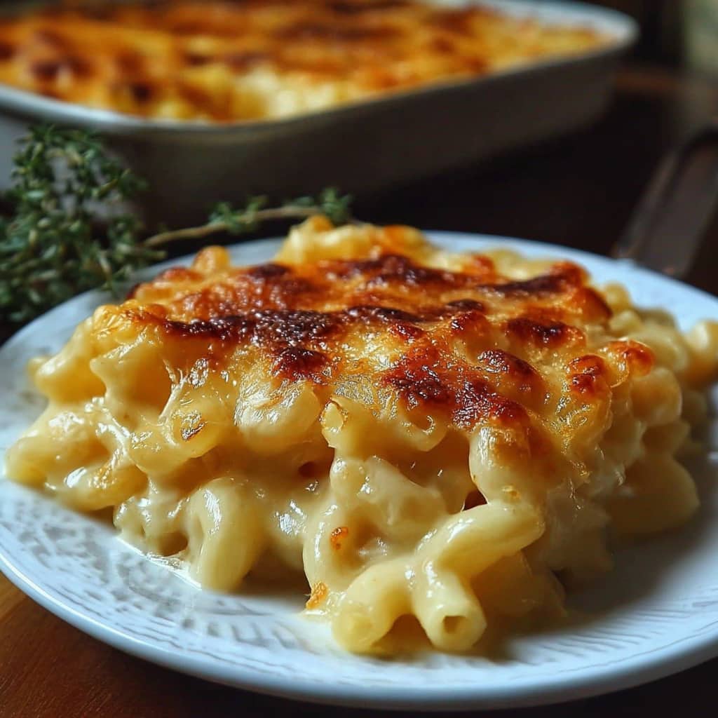 How to Make Tinis Mac and Cheese for 2 People 2 Close-up of creamy baked mac and cheese for two, with golden-brown crispy topping and gooey cheddar sauce, served on a white plate with a rustic background.
