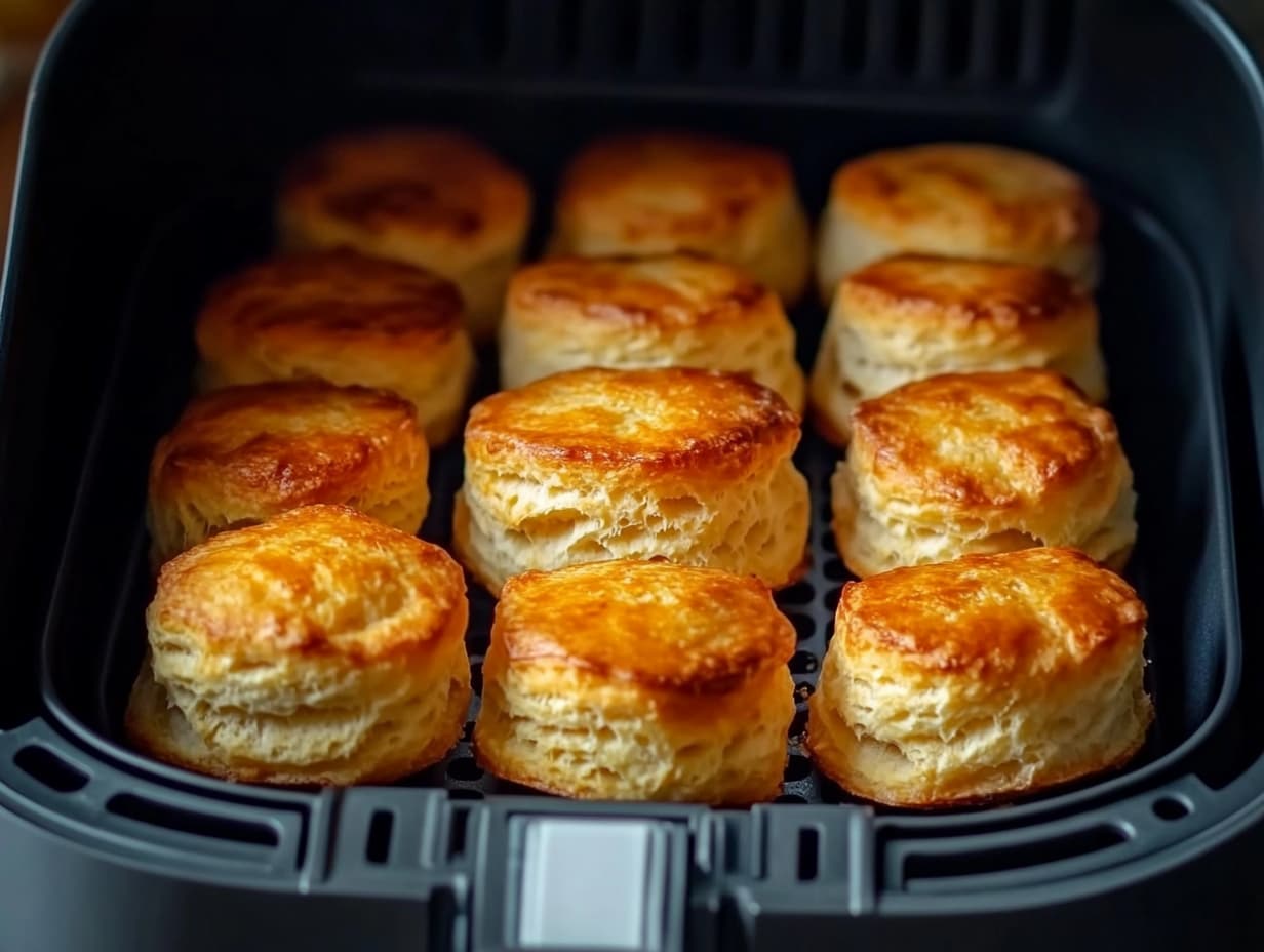 Irresistible Canned Biscuits in Air Fryer: Quick & Crispy 2 Biscuits dorés et feuilletés disposés dans un panier d’air fryer, fraîchement cuits avec une texture croustillante et moelleuse.