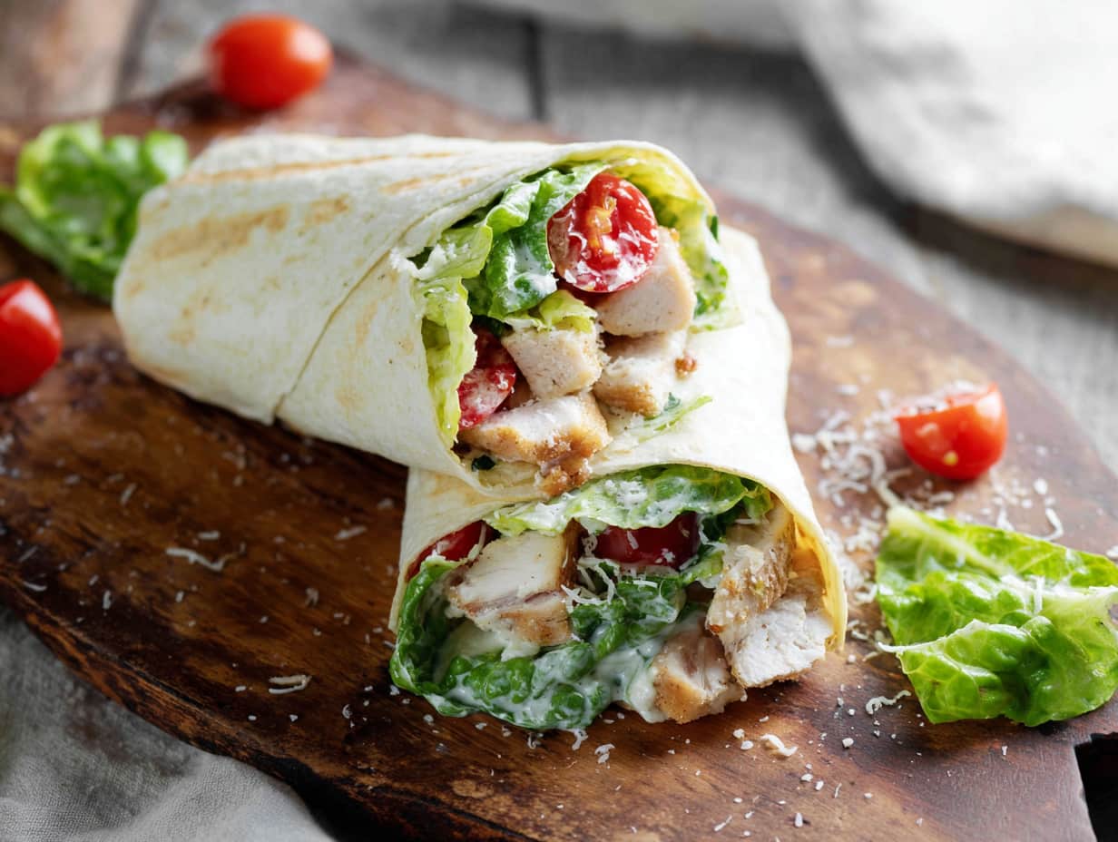 Chicken Caesar Salad Wrap sliced in half on wooden board