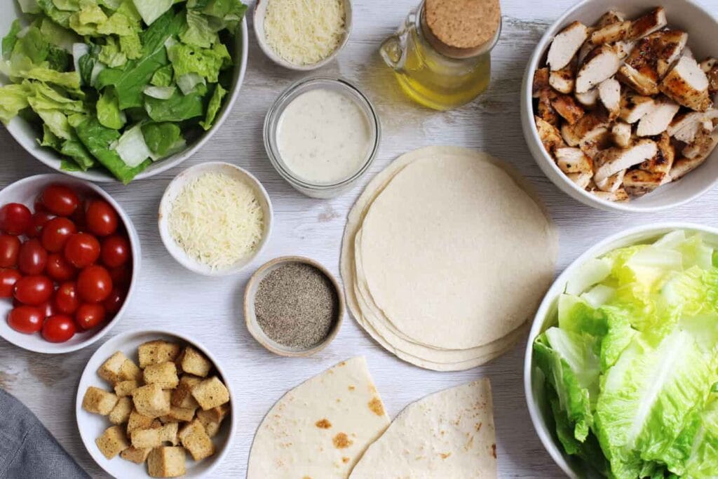 Chicken Caesar Salad Wrap (The Best Easy Lunch You’ll Crave Again) 2 Flat lay of ingredients for chicken Caesar wrap
