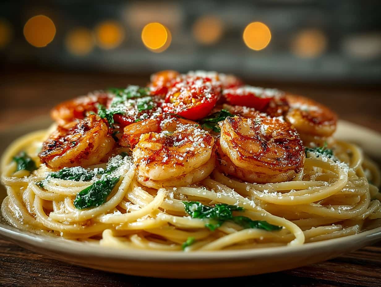 Easy Creamy Shrimp Pasta You'll Love! 1 Close-up of creamy shrimp pasta with golden seared shrimp, roasted cherry tomatoes, fresh spinach, and grated Parmesan, served on a beige plate with a warm, softly blurred background.