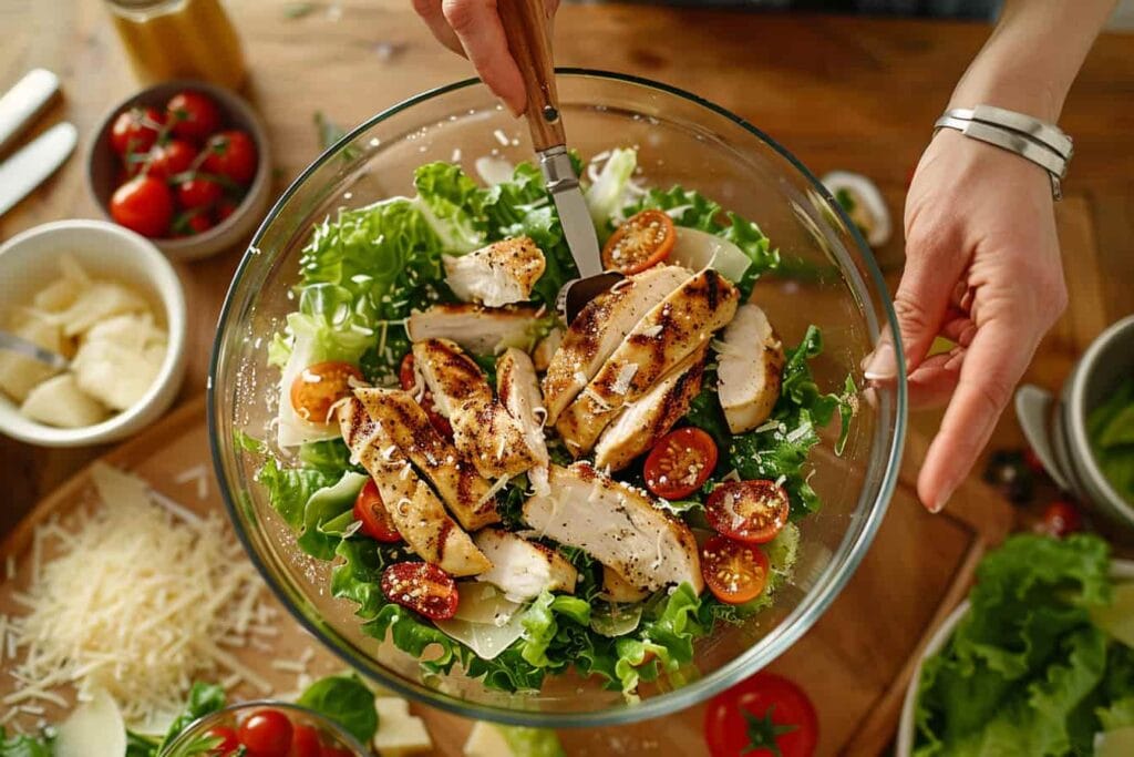 Chicken Caesar Salad Wrap (The Best Easy Lunch You’ll Crave Again) 4 Tossing Caesar salad wrap filling in a glass bowl