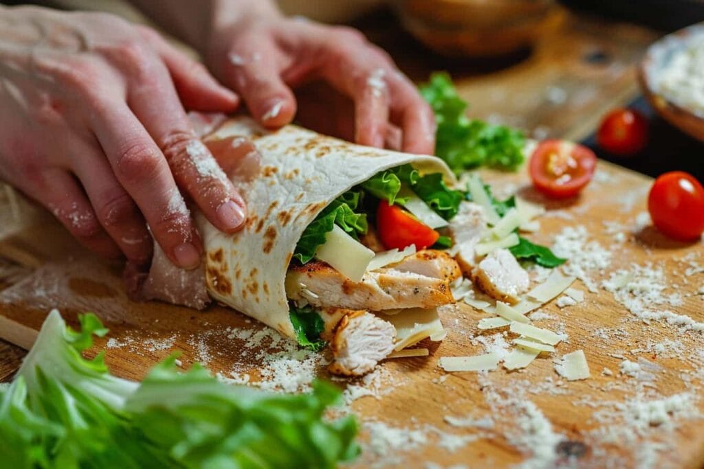 Chicken Caesar Salad Wrap (The Best Easy Lunch You’ll Crave Again) 5 Rolling up a chicken Caesar salad wrap with visible filling