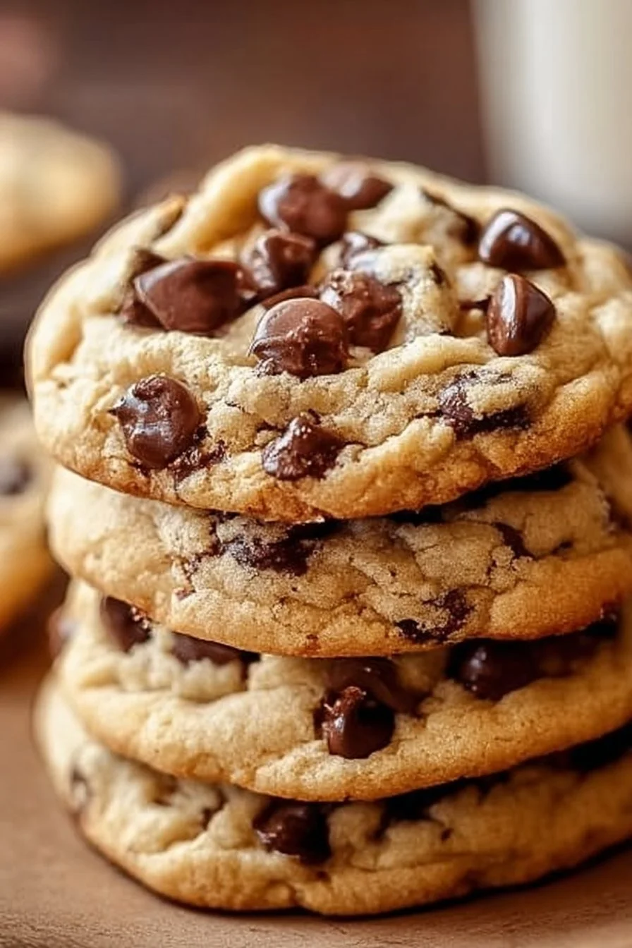 Chewy Chocolate Chip Cookies 2 Delicious chewy chocolate chip cookies on a plate with melted chocolate chips.