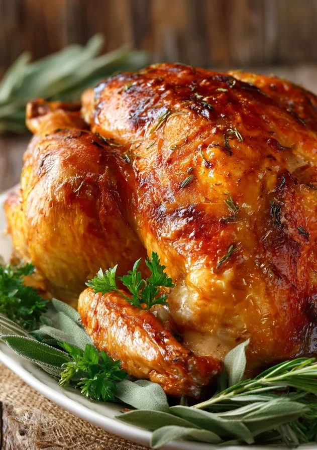 The Best Roast Turkey 2 A beautifully roasted turkey garnished with herbs and served on a festive table.