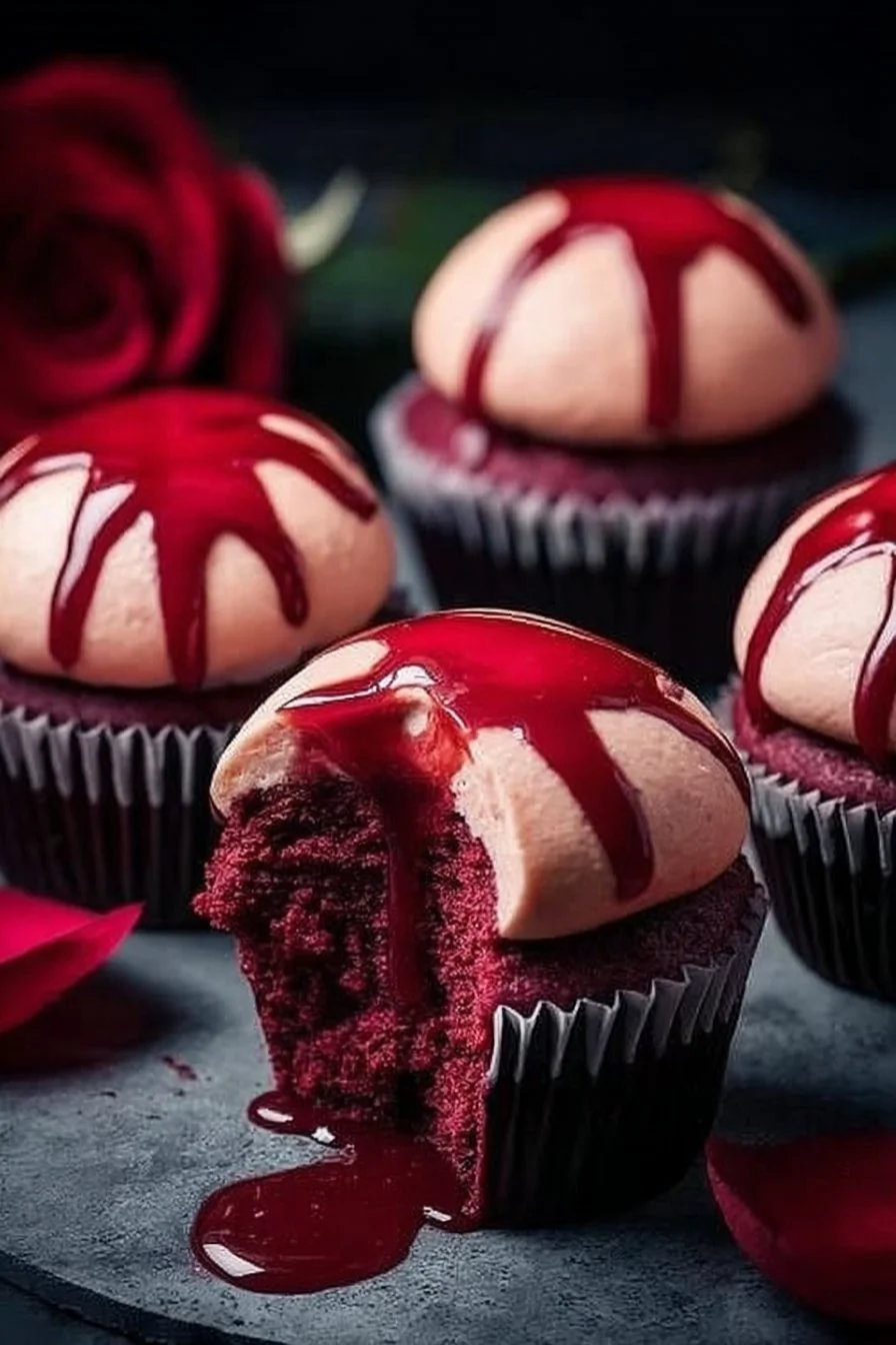Vampire Bite Cupcakes 2 Vampire Bite Cupcakes with red icing and chocolate filling for Halloween