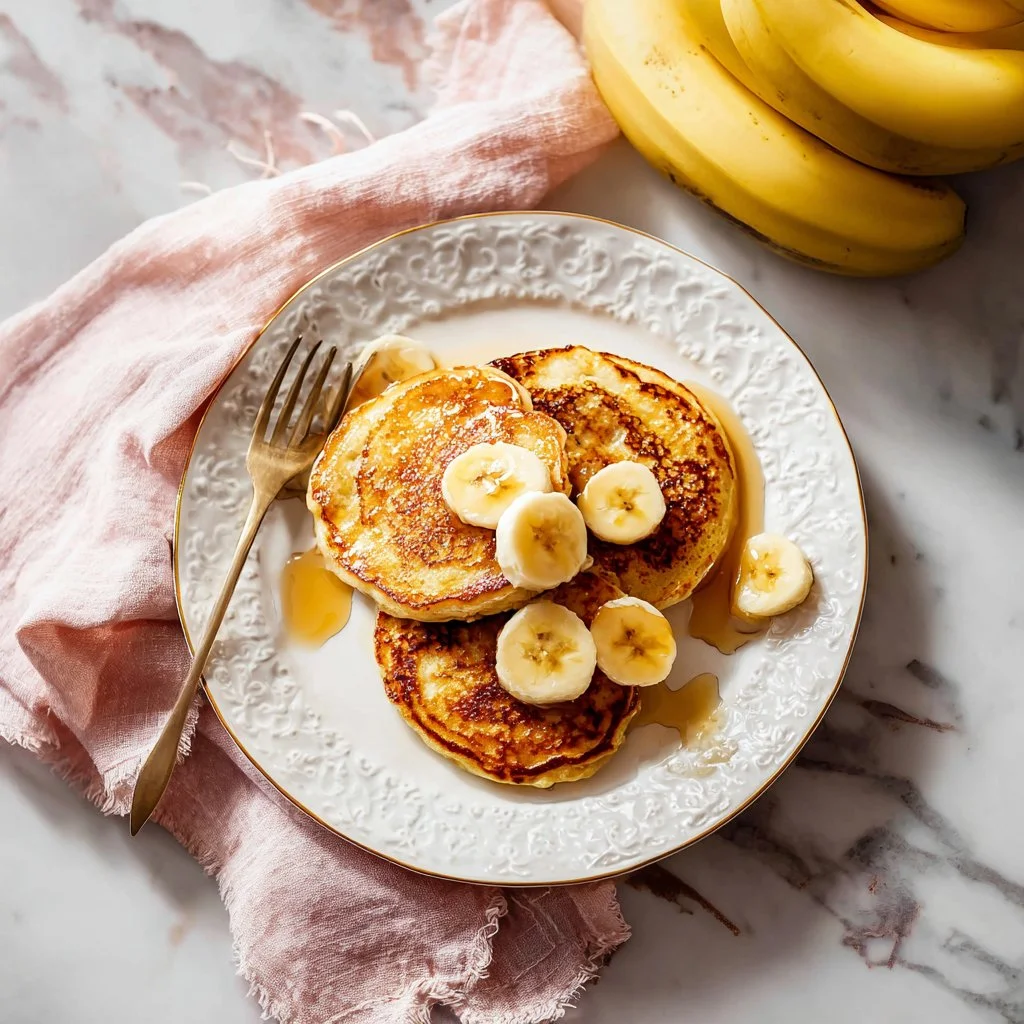 3 Ingredient Banana Pancakes 2 Delicious 3-ingredient banana pancakes stacked on a plate