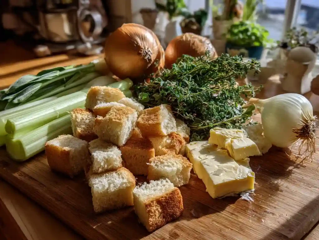 Buttery Herb Stuffing – Our Family’s Favorite Classic 2 Ingredients for buttery herb stuffing laid out on a wooden board: cubed bread, butter, celery, onion, and herbs.
