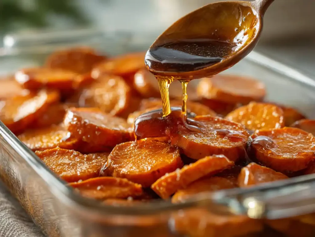Best Southern Candied Sweet Potatoes (Old-Fashioned & Irresistible) 3 Pouring buttery maple glaze over sliced sweet potatoes before baking