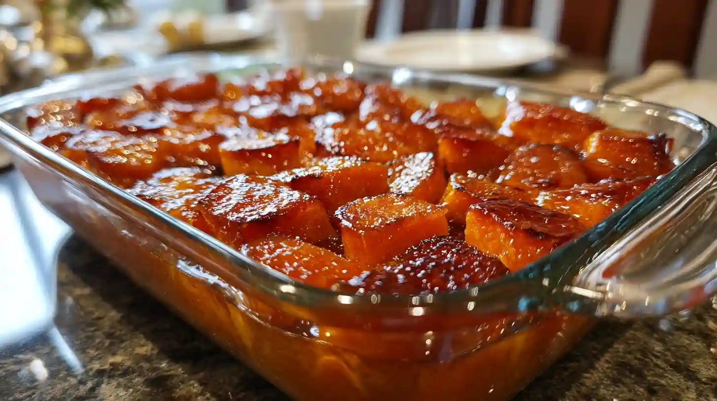 Best Southern Candied Sweet Potatoes (Old-Fashioned & Irresistible) 1 Candied sweet potatoes in baking dish with golden caramel glaze
