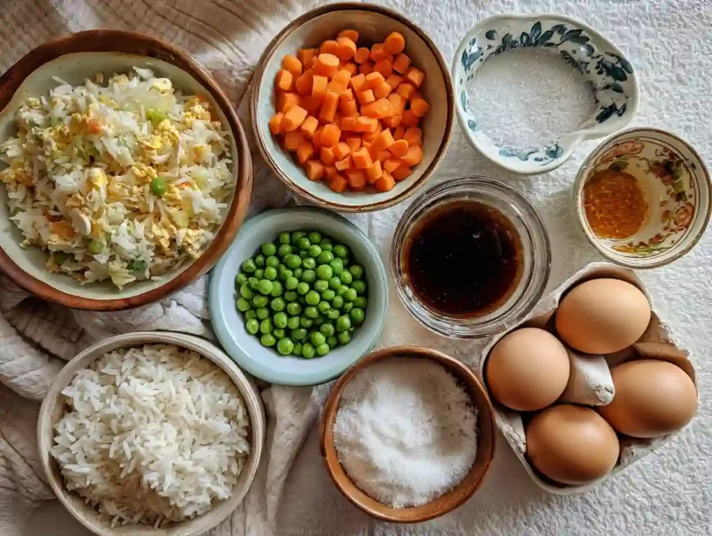 Chinese Fried Rice — Quick, Flavor-Packed 30-Minute Dinner 2 Chinese fried rice ingredients arranged on a kitchen counter.