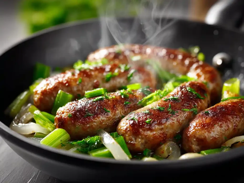 Sausage cooking with onions and celery in skillet for stuffing