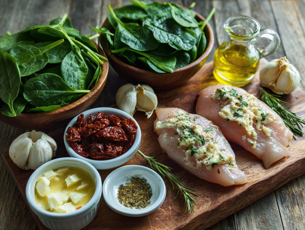 Creamy Tuscan Chicken ingredients laid out on a countertop