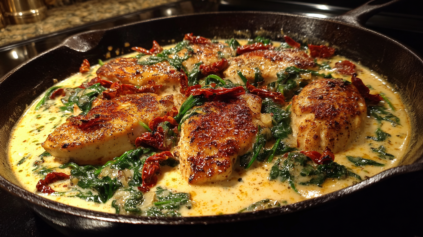 Creamy Tuscan Chicken in a skillet with spinach and sun-dried tomatoes