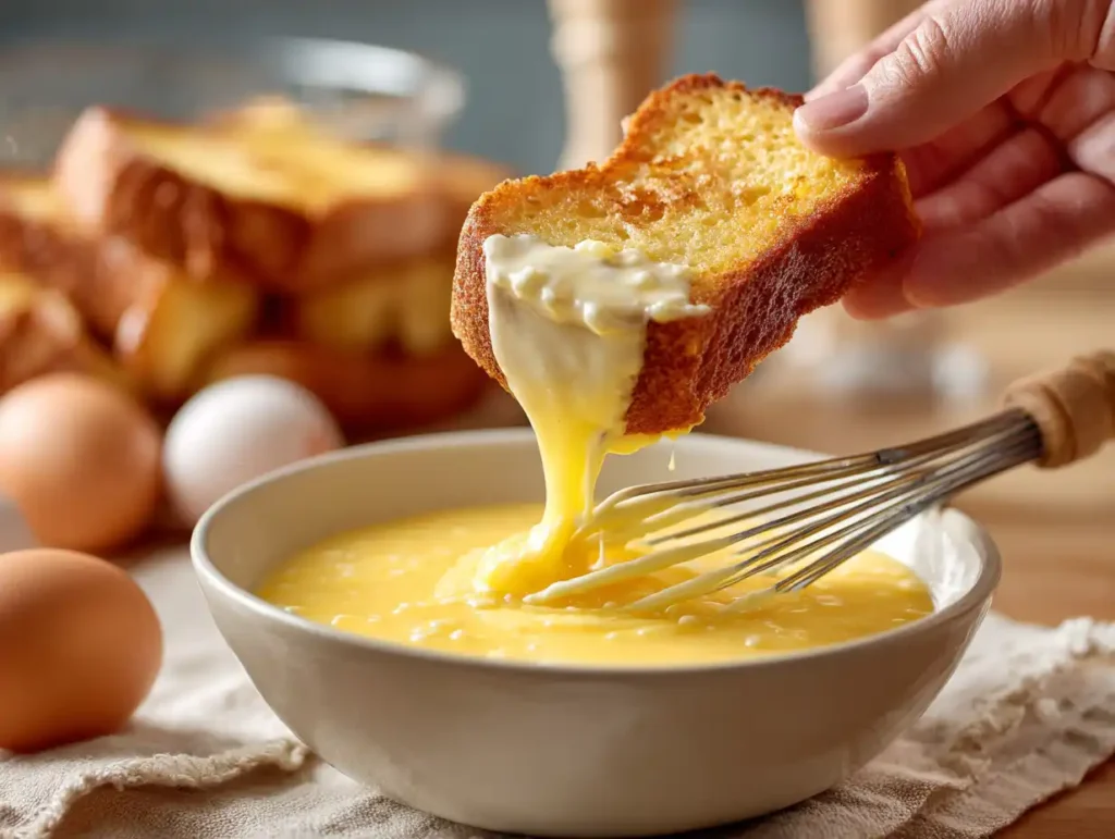 Easy French Toast (The Fluffy, Golden Breakfast You’ll Crave Every Weekend) 3 Dipping bread into French toast batter in a bowl