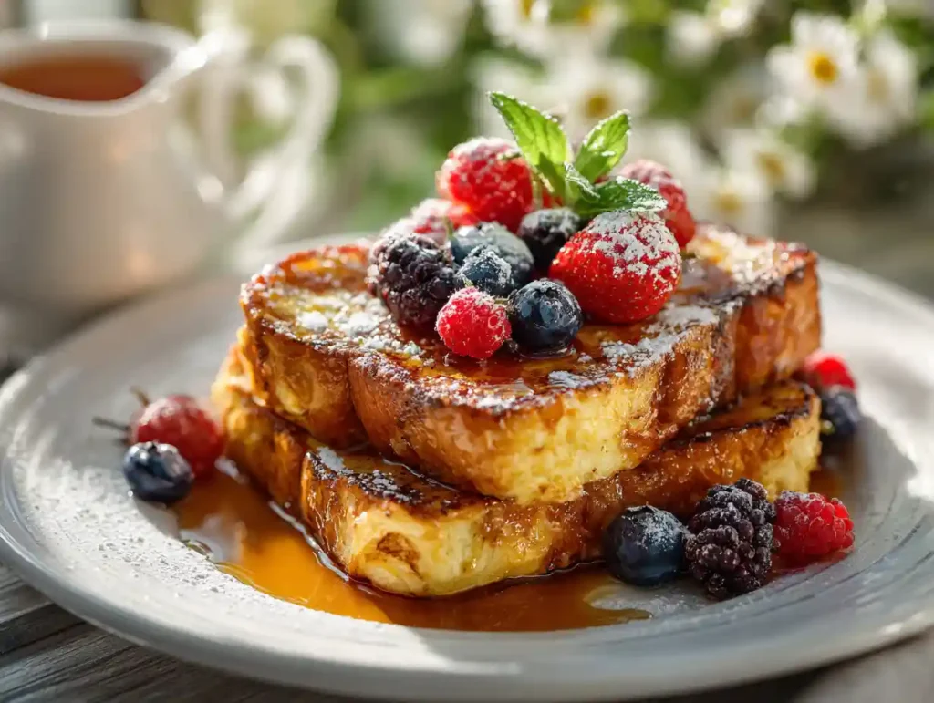 Easy French Toast (The Fluffy, Golden Breakfast You’ll Crave Every Weekend) 4 Easy French Toast served with maple syrup and berries