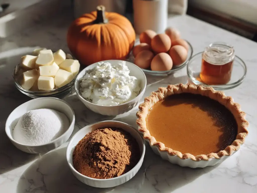 Ingredients for fresh pumpkin pie laid out on a marble countertop