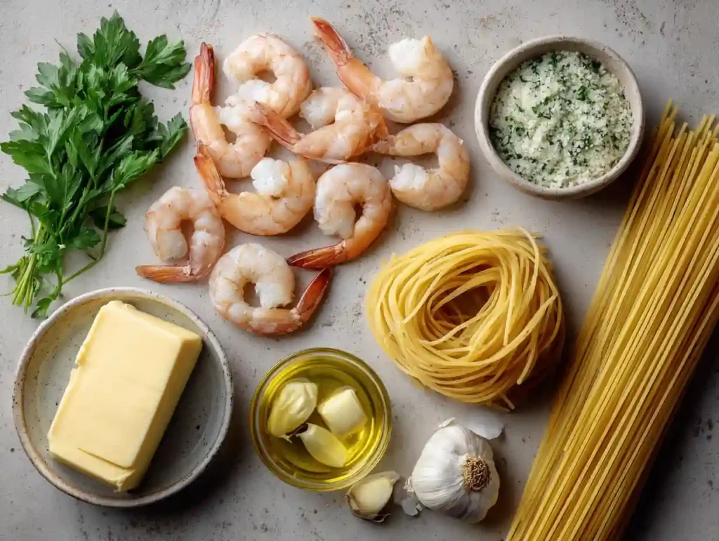 Shrimp, garlic, butter, parsley, and pasta ingredients for garlic butter shrimp pasta