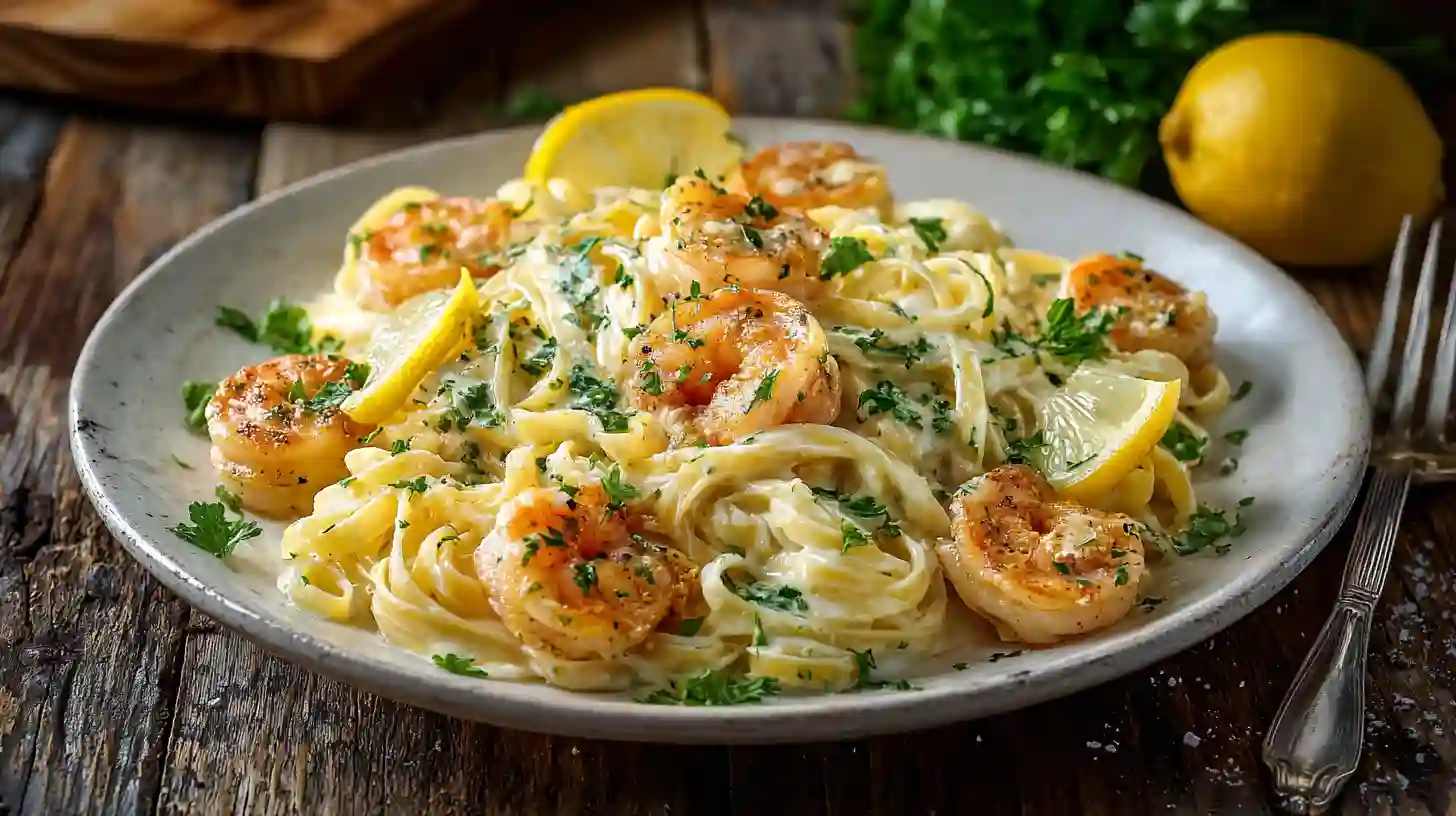 Garlic Butter Shrimp Pasta in creamy garlic butter sauce, served with lemon and parsley