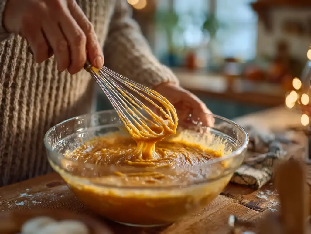 Whisking fresh pumpkin pie filling in a glass bowl