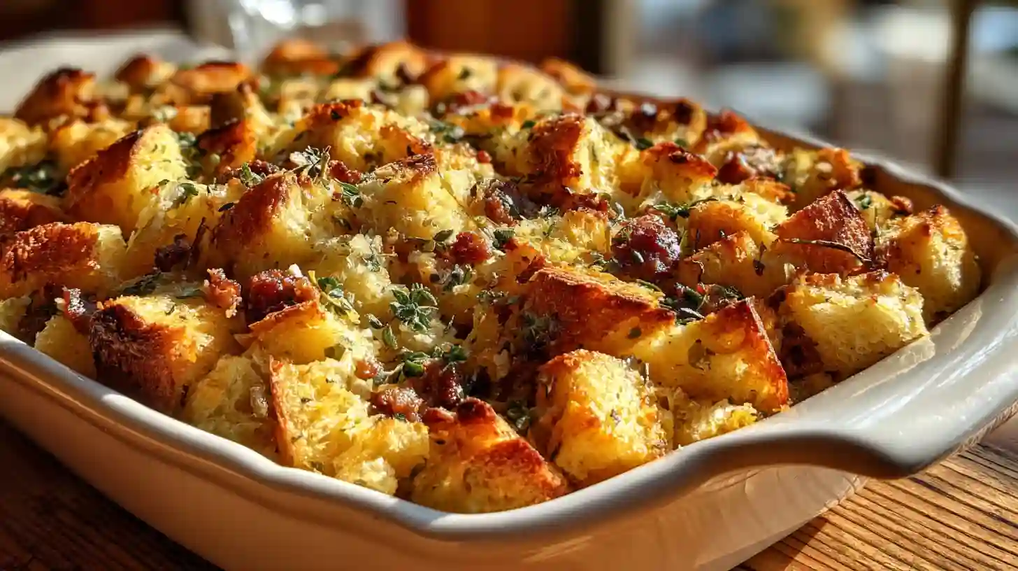Golden sausage and sage Thanksgiving stuffing in a white baking dish