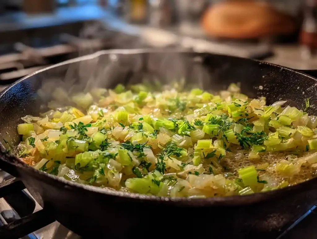 Buttery Herb Stuffing – Our Family’s Favorite Classic 3 Sautéing onions and celery in melted butter for buttery herb stuffing in a skillet.
