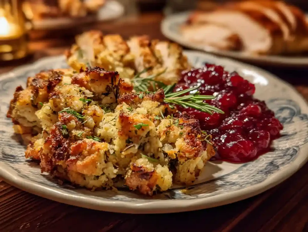 Buttery Herb Stuffing – Our Family’s Favorite Classic 4 Spoonful of buttery herb stuffing served on a plate beside roasted turkey and cranberry sauce.
