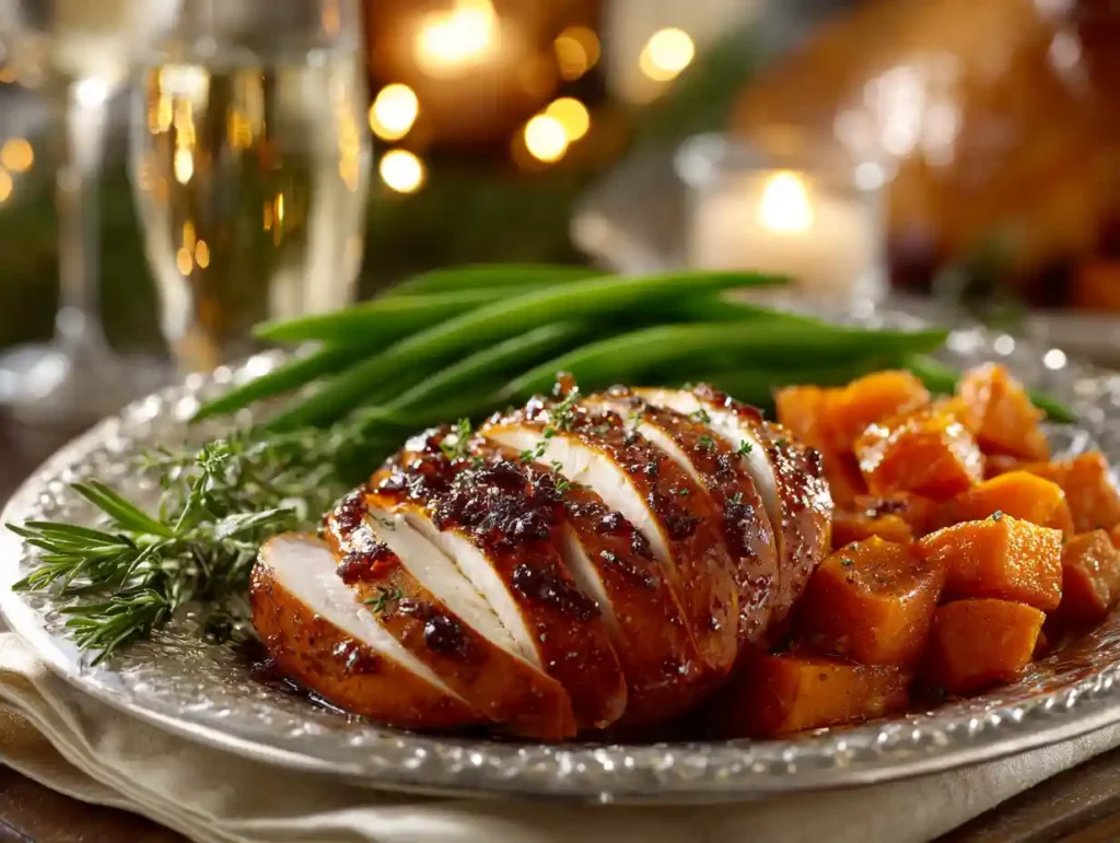 Best Southern Candied Sweet Potatoes (Old-Fashioned & Irresistible) 4 Serving of Southern candied sweet potatoes on a plate with roast turkey