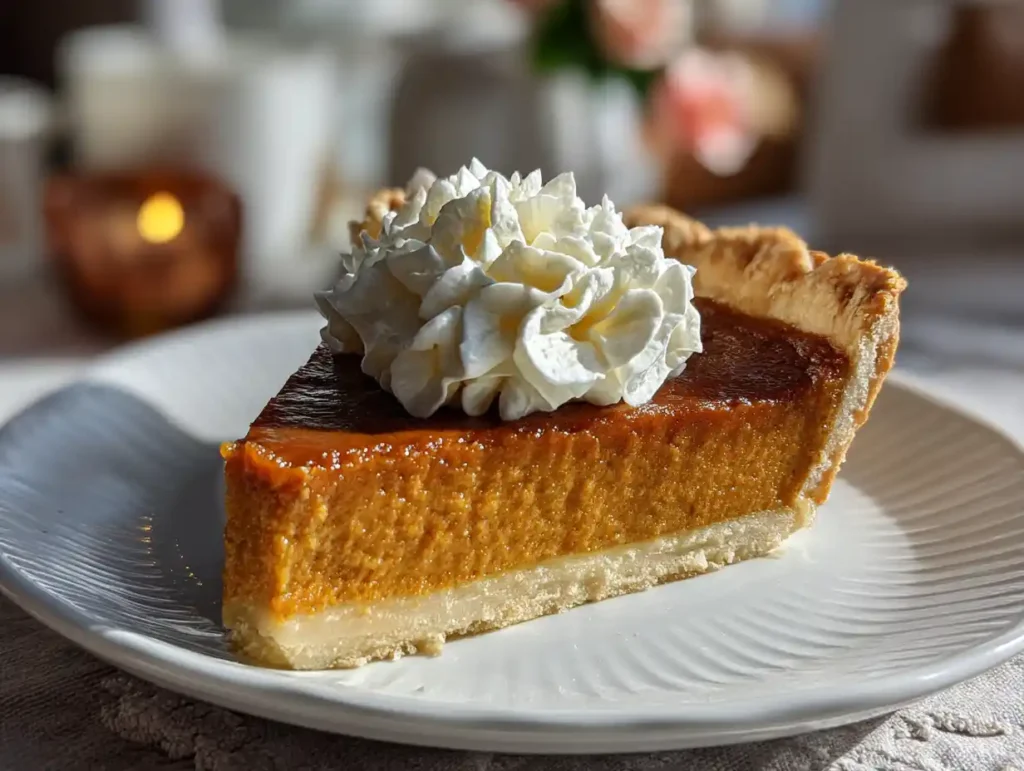 A slice of fresh pumpkin pie with whipped cream on a dessert plate