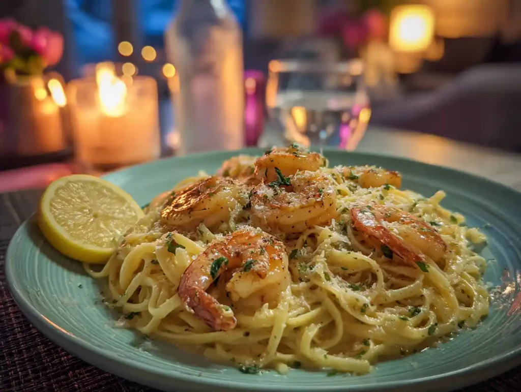 Garlic butter shrimp pasta served in a bowl with lemon and water