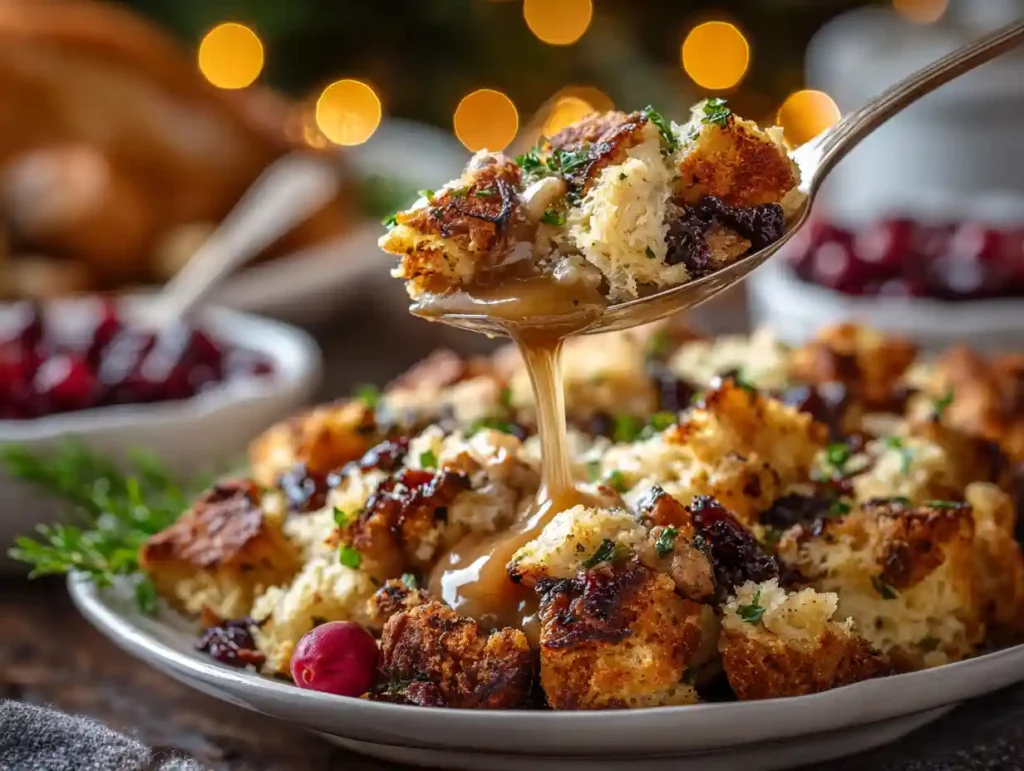 Serving spoon of sausage and sage stuffing beside roast turkey