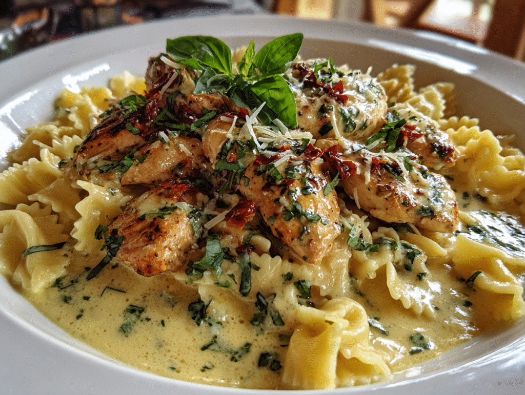 Creamy Tuscan Chicken served over pasta with Parmesan cheese