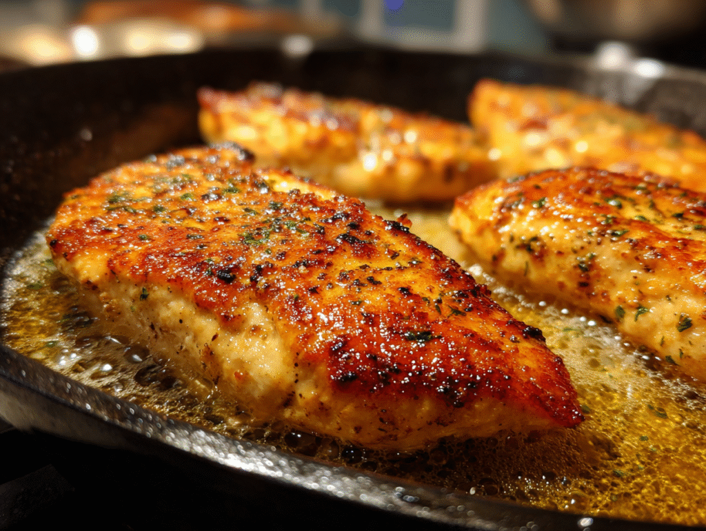 Searing chicken breasts in skillet for creamy Tuscan chicken